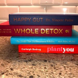 “Diet” books: Happy Gut, Pedre; Whole Detox, Minich; DASH Diet, Heller; plantyou